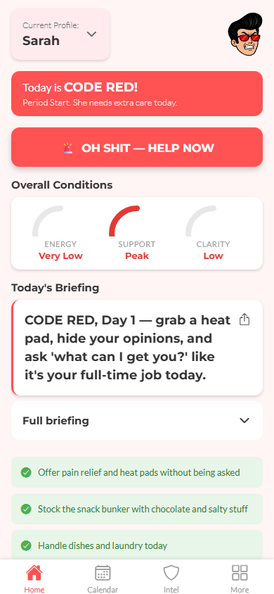 FloBro app home screen — CODE RED phase, AI daily briefing, OH SHIT button